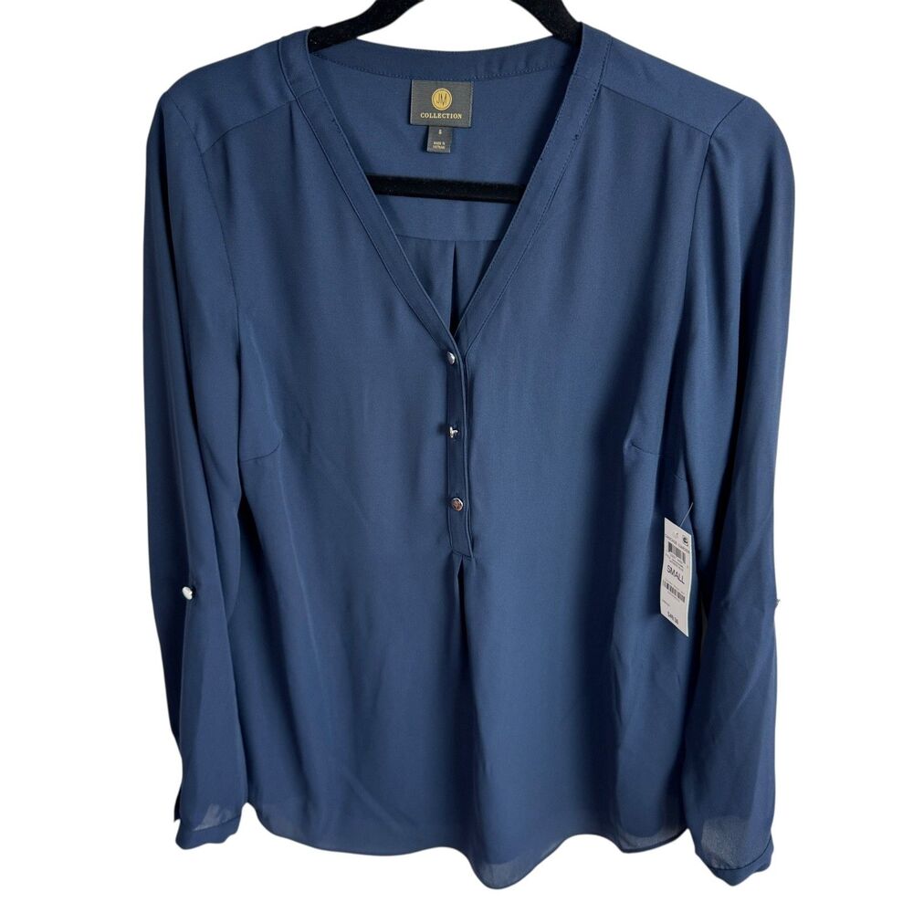 JM Collection Women's Top Blouse Size Small Blue Long Roll Tab Sleeves NEW